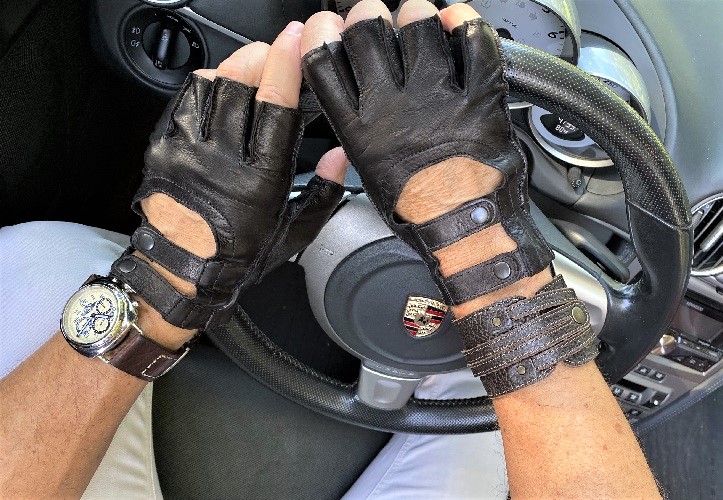 348_g Driving Gloves: Fingerless Driving Double Buckle Leather Gloves