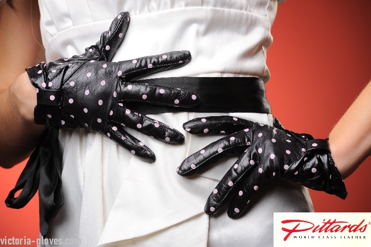 358a_330 Driving Gloves: Classy Wrist Polka Dot Leather Gloves,Mary Poppins Style!