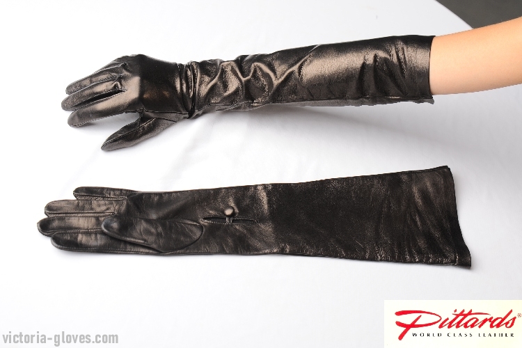 623d_219 Opera Gloves: Black Glamour Long Leather Gloves with a button detail!